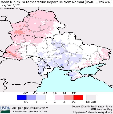 Ukraine, Moldova and Belarus Minimum Temperature Departure From Normal (USAF 557th WW) Thematic Map For 5/10/2021 - 5/16/2021
