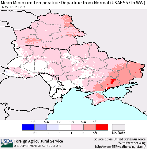Ukraine, Moldova and Belarus Mean Minimum Temperature Departure from Normal (USAF 557th WW) Thematic Map For 5/17/2021 - 5/23/2021
