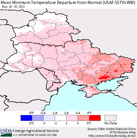 Ukraine, Moldova and Belarus Minimum Temperature Departure From Normal (USAF 557th WW) Thematic Map For 5/24/2021 - 5/30/2021