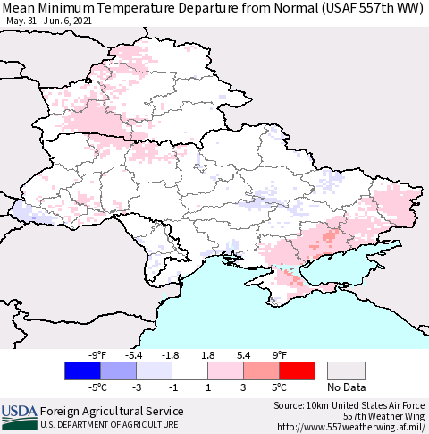 Ukraine, Moldova and Belarus Minimum Temperature Departure From Normal (USAF 557th WW) Thematic Map For 5/31/2021 - 6/6/2021