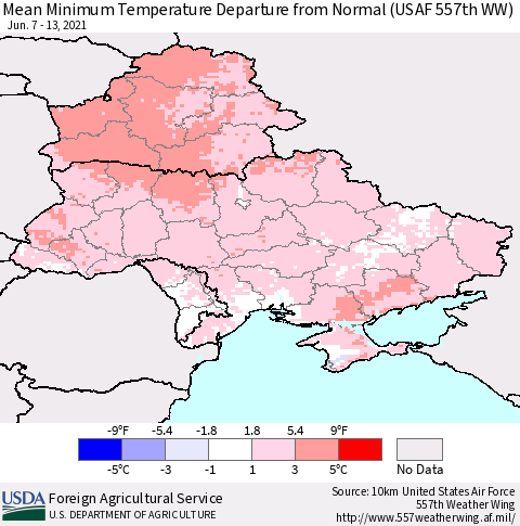 Ukraine, Moldova and Belarus Mean Minimum Temperature Departure from Normal (USAF 557th WW) Thematic Map For 6/7/2021 - 6/13/2021