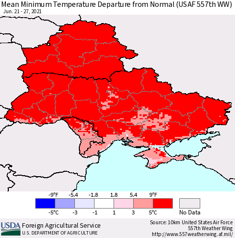 Ukraine, Moldova and Belarus Mean Minimum Temperature Departure from Normal (USAF 557th WW) Thematic Map For 6/21/2021 - 6/27/2021