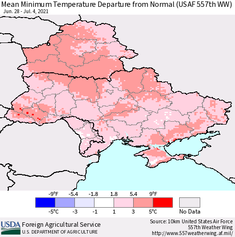Ukraine, Moldova and Belarus Mean Minimum Temperature Departure from Normal (USAF 557th WW) Thematic Map For 6/28/2021 - 7/4/2021