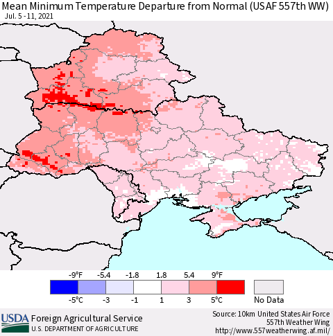 Ukraine, Moldova and Belarus Mean Minimum Temperature Departure from Normal (USAF 557th WW) Thematic Map For 7/5/2021 - 7/11/2021
