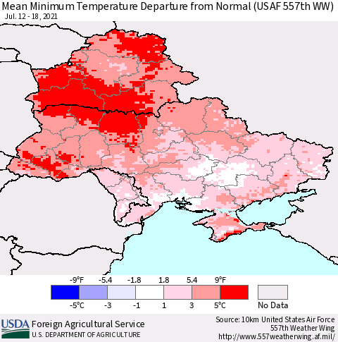Ukraine, Moldova and Belarus Mean Minimum Temperature Departure from Normal (USAF 557th WW) Thematic Map For 7/12/2021 - 7/18/2021