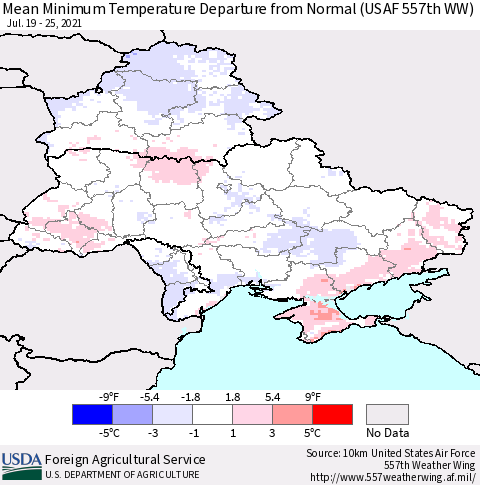 Ukraine, Moldova and Belarus Minimum Temperature Departure From Normal (USAF 557th WW) Thematic Map For 7/19/2021 - 7/25/2021