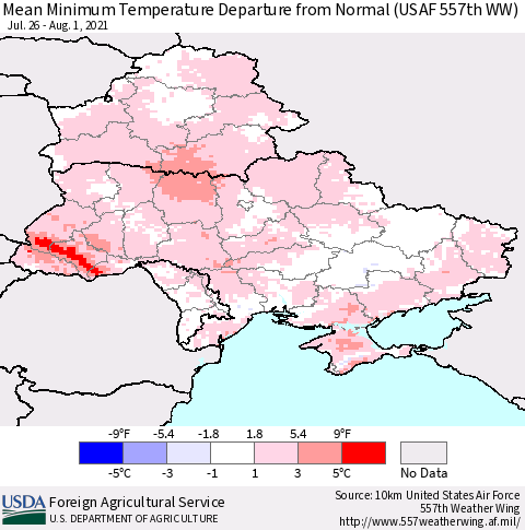 Ukraine, Moldova and Belarus Minimum Temperature Departure From Normal (USAF 557th WW) Thematic Map For 7/26/2021 - 8/1/2021