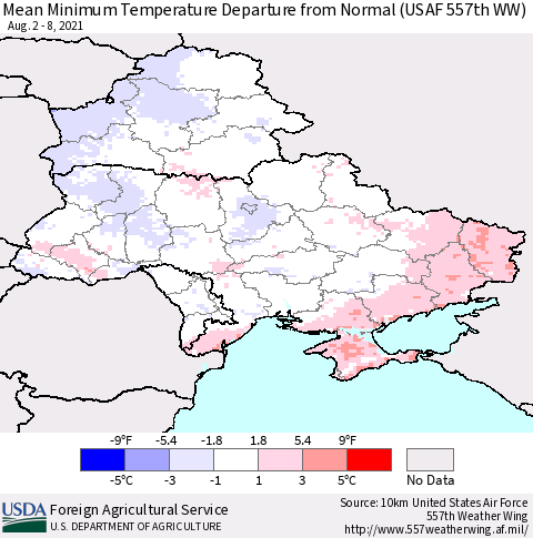 Ukraine, Moldova and Belarus Minimum Temperature Departure From Normal (USAF 557th WW) Thematic Map For 8/2/2021 - 8/8/2021