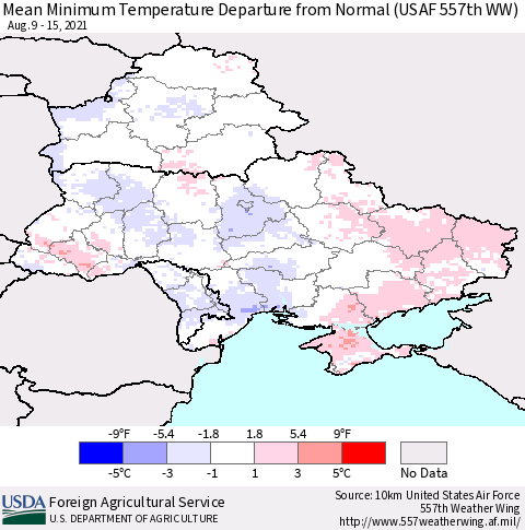 Ukraine, Moldova and Belarus Mean Minimum Temperature Departure from Normal (USAF 557th WW) Thematic Map For 8/9/2021 - 8/15/2021