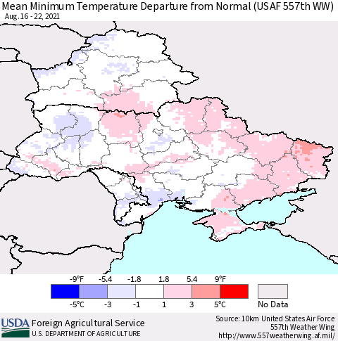 Ukraine, Moldova and Belarus Mean Minimum Temperature Departure from Normal (USAF 557th WW) Thematic Map For 8/16/2021 - 8/22/2021