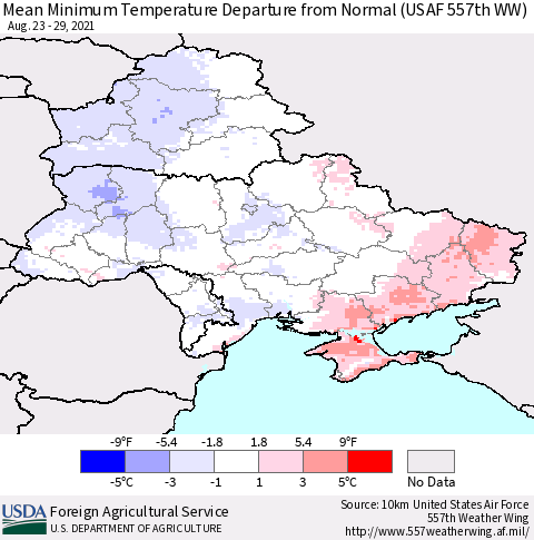 Ukraine, Moldova and Belarus Minimum Temperature Departure From Normal (USAF 557th WW) Thematic Map For 8/23/2021 - 8/29/2021