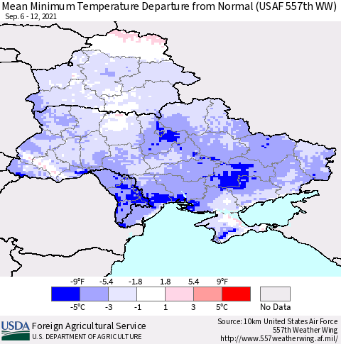 Ukraine, Moldova and Belarus Mean Minimum Temperature Departure from Normal (USAF 557th WW) Thematic Map For 9/6/2021 - 9/12/2021