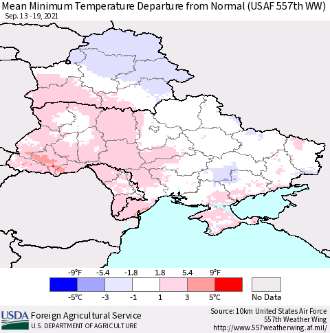 Ukraine, Moldova and Belarus Minimum Temperature Departure From Normal (USAF 557th WW) Thematic Map For 9/13/2021 - 9/19/2021