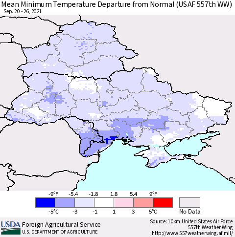 Ukraine, Moldova and Belarus Mean Minimum Temperature Departure from Normal (USAF 557th WW) Thematic Map For 9/20/2021 - 9/26/2021