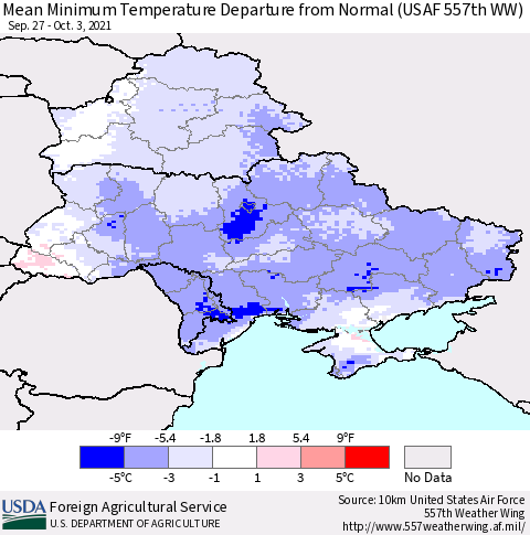 Ukraine, Moldova and Belarus Mean Minimum Temperature Departure from Normal (USAF 557th WW) Thematic Map For 9/27/2021 - 10/3/2021