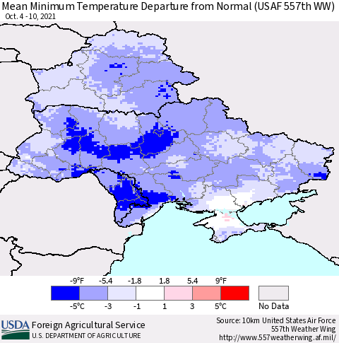 Ukraine, Moldova and Belarus Minimum Temperature Departure From Normal (USAF 557th WW) Thematic Map For 10/4/2021 - 10/10/2021