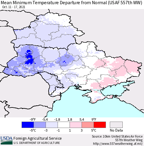 Ukraine, Moldova and Belarus Mean Minimum Temperature Departure from Normal (USAF 557th WW) Thematic Map For 10/11/2021 - 10/17/2021