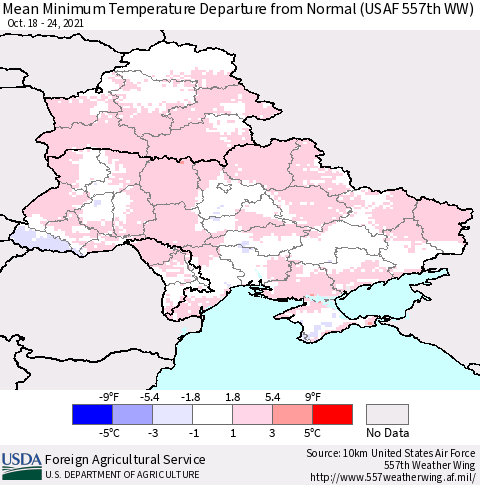 Ukraine, Moldova and Belarus Mean Minimum Temperature Departure from Normal (USAF 557th WW) Thematic Map For 10/18/2021 - 10/24/2021