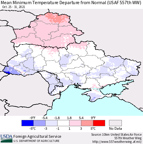 Ukraine, Moldova and Belarus Minimum Temperature Departure From Normal (USAF 557th WW) Thematic Map For 10/25/2021 - 10/31/2021