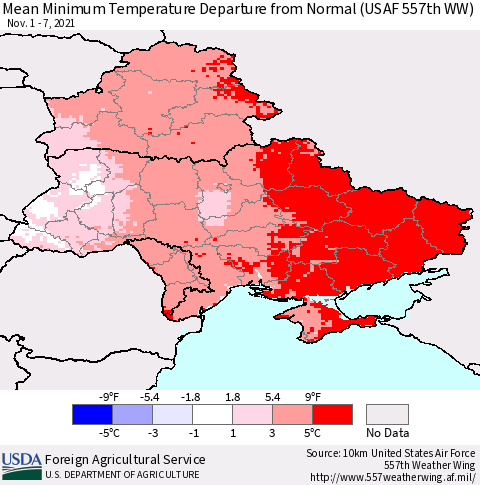Ukraine, Moldova and Belarus Mean Minimum Temperature Departure from Normal (USAF 557th WW) Thematic Map For 11/1/2021 - 11/7/2021