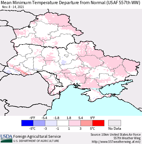 Ukraine, Moldova and Belarus Mean Minimum Temperature Departure from Normal (USAF 557th WW) Thematic Map For 11/8/2021 - 11/14/2021