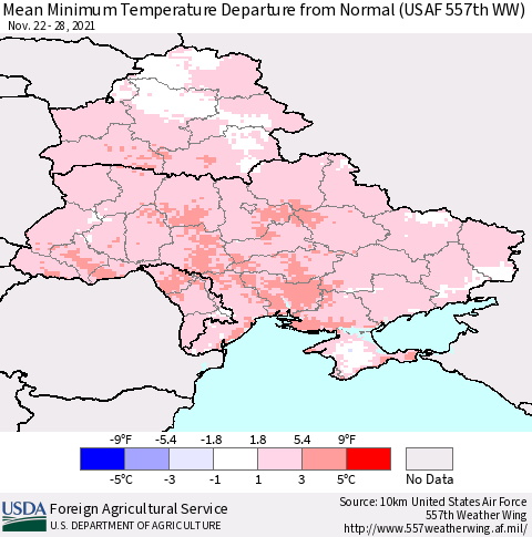 Ukraine, Moldova and Belarus Mean Minimum Temperature Departure from Normal (USAF 557th WW) Thematic Map For 11/22/2021 - 11/28/2021