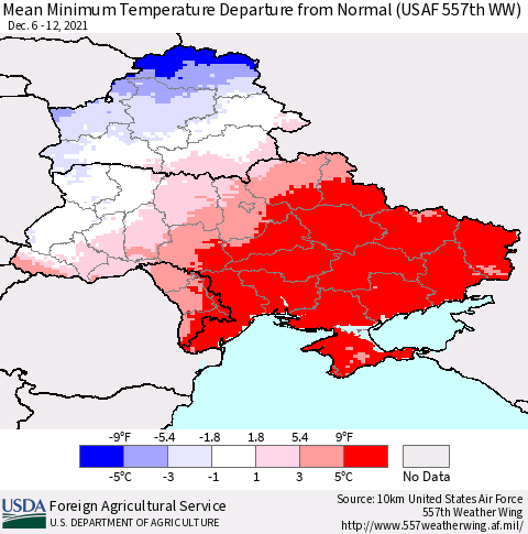 Ukraine, Moldova and Belarus Mean Minimum Temperature Departure from Normal (USAF 557th WW) Thematic Map For 12/6/2021 - 12/12/2021