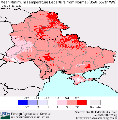 Ukraine, Moldova and Belarus Minimum Temperature Departure From Normal (USAF 557th WW) Thematic Map For 12/13/2021 - 12/19/2021