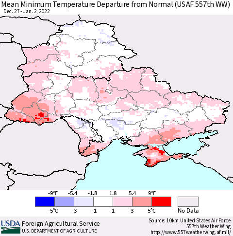 Ukraine, Moldova and Belarus Mean Minimum Temperature Departure from Normal (USAF 557th WW) Thematic Map For 12/27/2021 - 1/2/2022