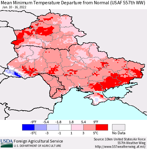 Ukraine, Moldova and Belarus Mean Minimum Temperature Departure from Normal (USAF 557th WW) Thematic Map For 1/10/2022 - 1/16/2022