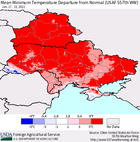 Ukraine, Moldova and Belarus Mean Minimum Temperature Departure from Normal (USAF 557th WW) Thematic Map For 1/17/2022 - 1/23/2022