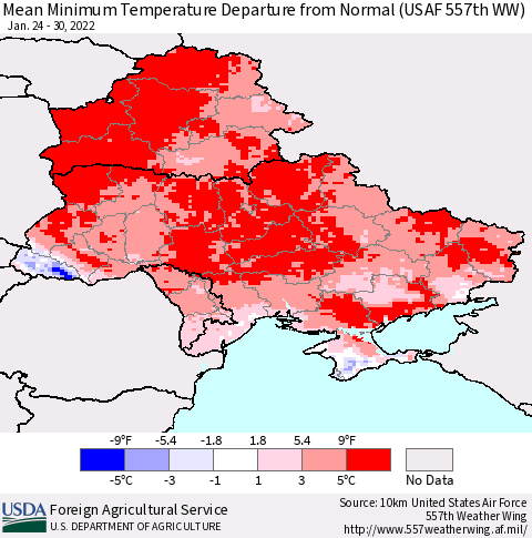 Ukraine, Moldova and Belarus Mean Minimum Temperature Departure from Normal (USAF 557th WW) Thematic Map For 1/24/2022 - 1/30/2022