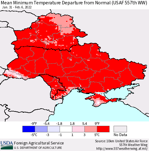 Ukraine, Moldova and Belarus Mean Minimum Temperature Departure from Normal (USAF 557th WW) Thematic Map For 1/31/2022 - 2/6/2022