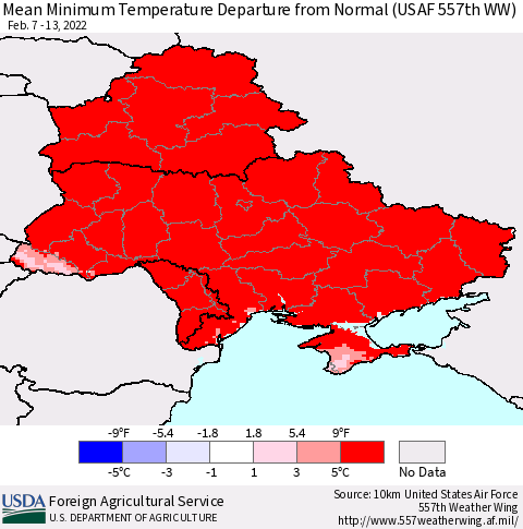 Ukraine, Moldova and Belarus Mean Minimum Temperature Departure from Normal (USAF 557th WW) Thematic Map For 2/7/2022 - 2/13/2022