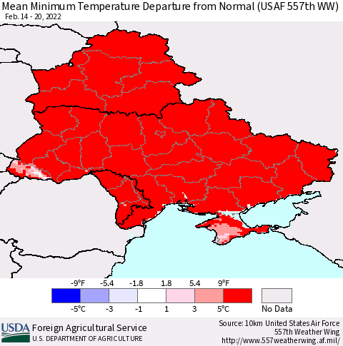 Ukraine, Moldova and Belarus Mean Minimum Temperature Departure from Normal (USAF 557th WW) Thematic Map For 2/14/2022 - 2/20/2022