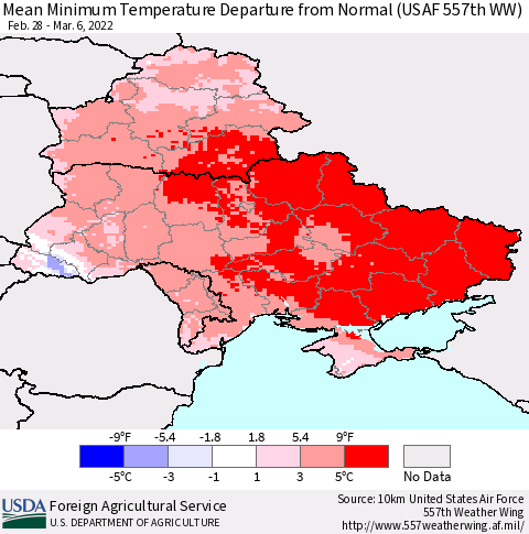 Ukraine, Moldova and Belarus Mean Minimum Temperature Departure from Normal (USAF 557th WW) Thematic Map For 2/28/2022 - 3/6/2022