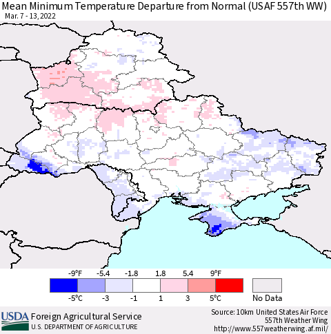 Ukraine, Moldova and Belarus Mean Minimum Temperature Departure from Normal (USAF 557th WW) Thematic Map For 3/7/2022 - 3/13/2022