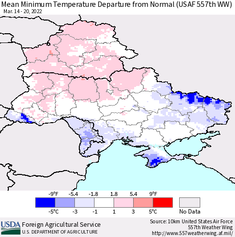Ukraine, Moldova and Belarus Mean Minimum Temperature Departure from Normal (USAF 557th WW) Thematic Map For 3/14/2022 - 3/20/2022