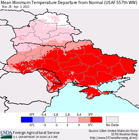 Ukraine, Moldova and Belarus Mean Minimum Temperature Departure from Normal (USAF 557th WW) Thematic Map For 3/28/2022 - 4/3/2022