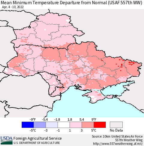 Ukraine, Moldova and Belarus Minimum Temperature Departure From Normal (USAF 557th WW) Thematic Map For 4/4/2022 - 4/10/2022
