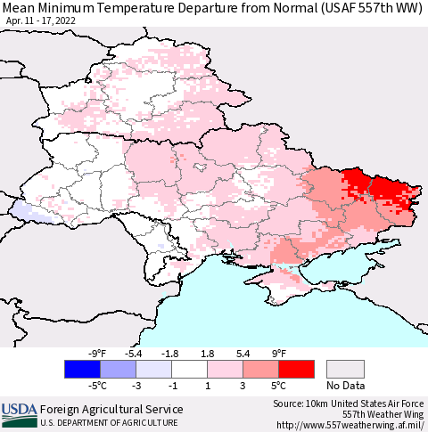 Ukraine, Moldova and Belarus Mean Minimum Temperature Departure from Normal (USAF 557th WW) Thematic Map For 4/11/2022 - 4/17/2022
