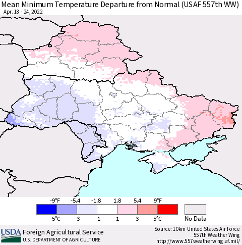 Ukraine, Moldova and Belarus Mean Minimum Temperature Departure from Normal (USAF 557th WW) Thematic Map For 4/18/2022 - 4/24/2022