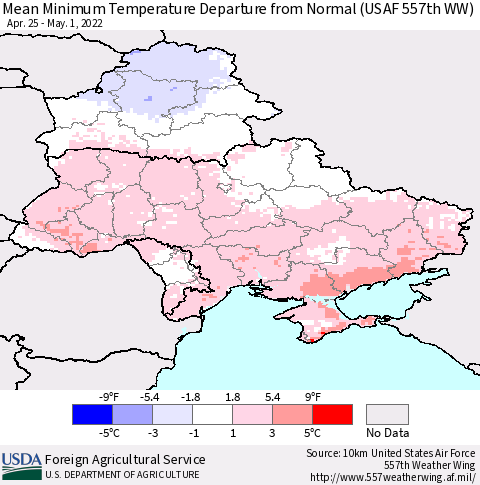 Ukraine, Moldova and Belarus Mean Minimum Temperature Departure from Normal (USAF 557th WW) Thematic Map For 4/25/2022 - 5/1/2022