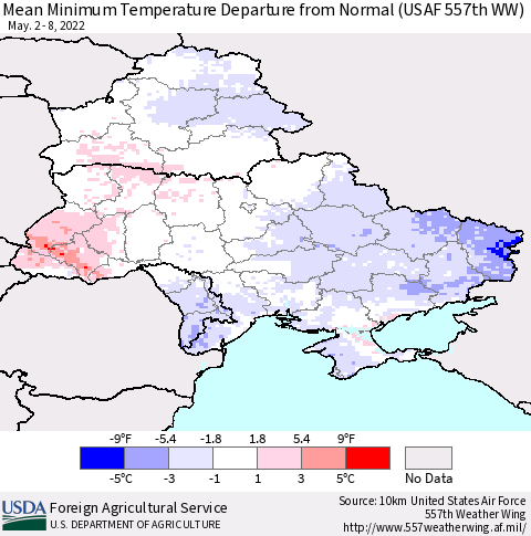 Ukraine, Moldova and Belarus Minimum Temperature Departure From Normal (USAF 557th WW) Thematic Map For 5/2/2022 - 5/8/2022