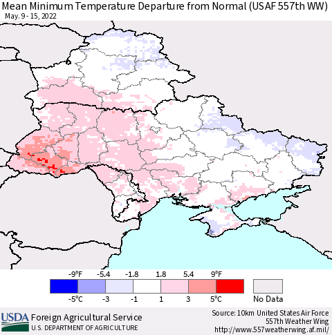 Ukraine, Moldova and Belarus Minimum Temperature Departure From Normal (USAF 557th WW) Thematic Map For 5/9/2022 - 5/15/2022