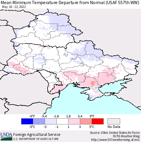 Ukraine, Moldova and Belarus Minimum Temperature Departure From Normal (USAF 557th WW) Thematic Map For 5/16/2022 - 5/22/2022