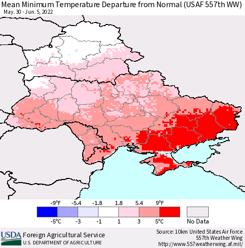 Ukraine, Moldova and Belarus Mean Minimum Temperature Departure from Normal (USAF 557th WW) Thematic Map For 5/30/2022 - 6/5/2022
