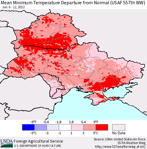 Ukraine, Moldova and Belarus Mean Minimum Temperature Departure from Normal (USAF 557th WW) Thematic Map For 6/6/2022 - 6/12/2022