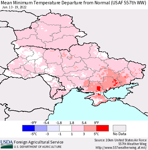 Ukraine, Moldova and Belarus Mean Minimum Temperature Departure from Normal (USAF 557th WW) Thematic Map For 6/13/2022 - 6/19/2022