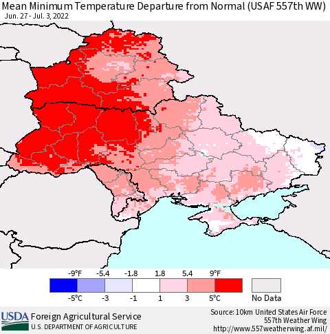 Ukraine, Moldova and Belarus Minimum Temperature Departure From Normal (USAF 557th WW) Thematic Map For 6/27/2022 - 7/3/2022